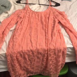 Salmon colored off the shoulder dress